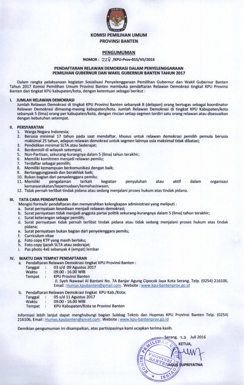 PENGUMUMAN PENDAFTARAN RELAWAN DEMOKRASI  DALAM PENYELENGGARAAN PEMILIHAN GUBERNUR DAN WAKIL GUBERNUR BANTEN  TAHUN 2016